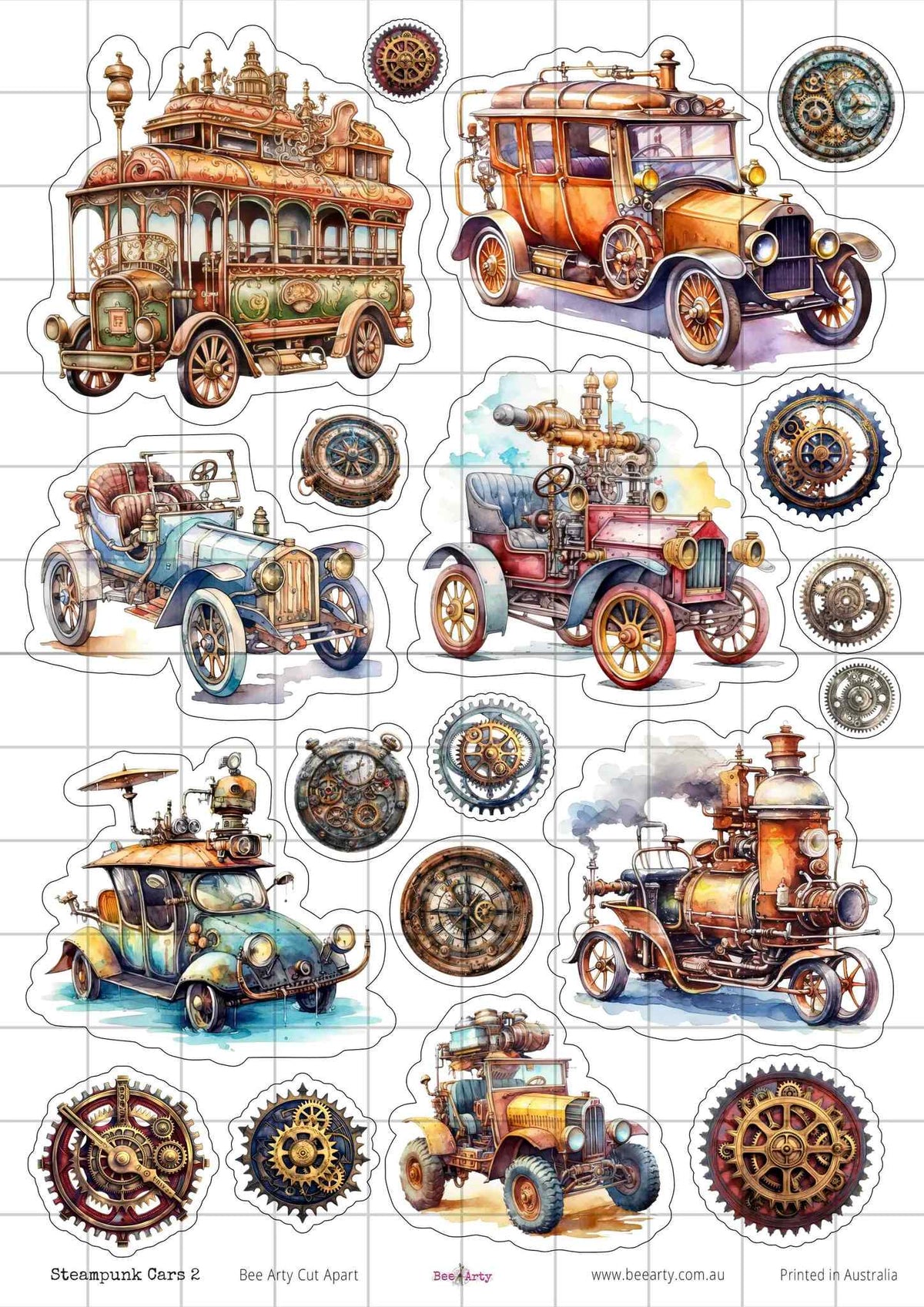 Steampunk Cars 2 cut-apart sheet with ornate mechanical vehicles, gears, clocks and vintage machinery