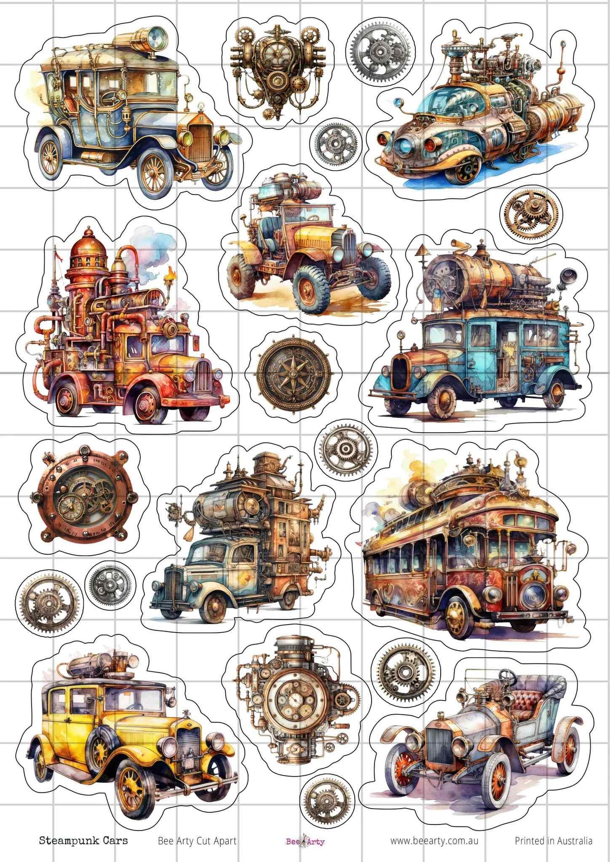 Steampunk Cars cut-apart sheet with mechanical vintage cars, buses, trucks, gears and clockwork parts