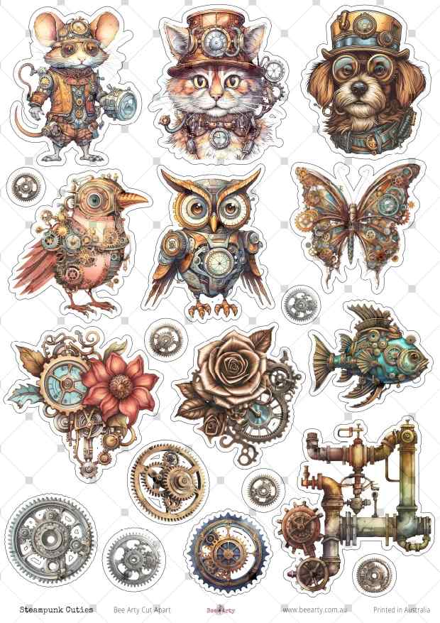 Steampunk Cuties sheet with clockwork mouse, cat, dog, birds, owl, butterfly, fish, flowers and gears
