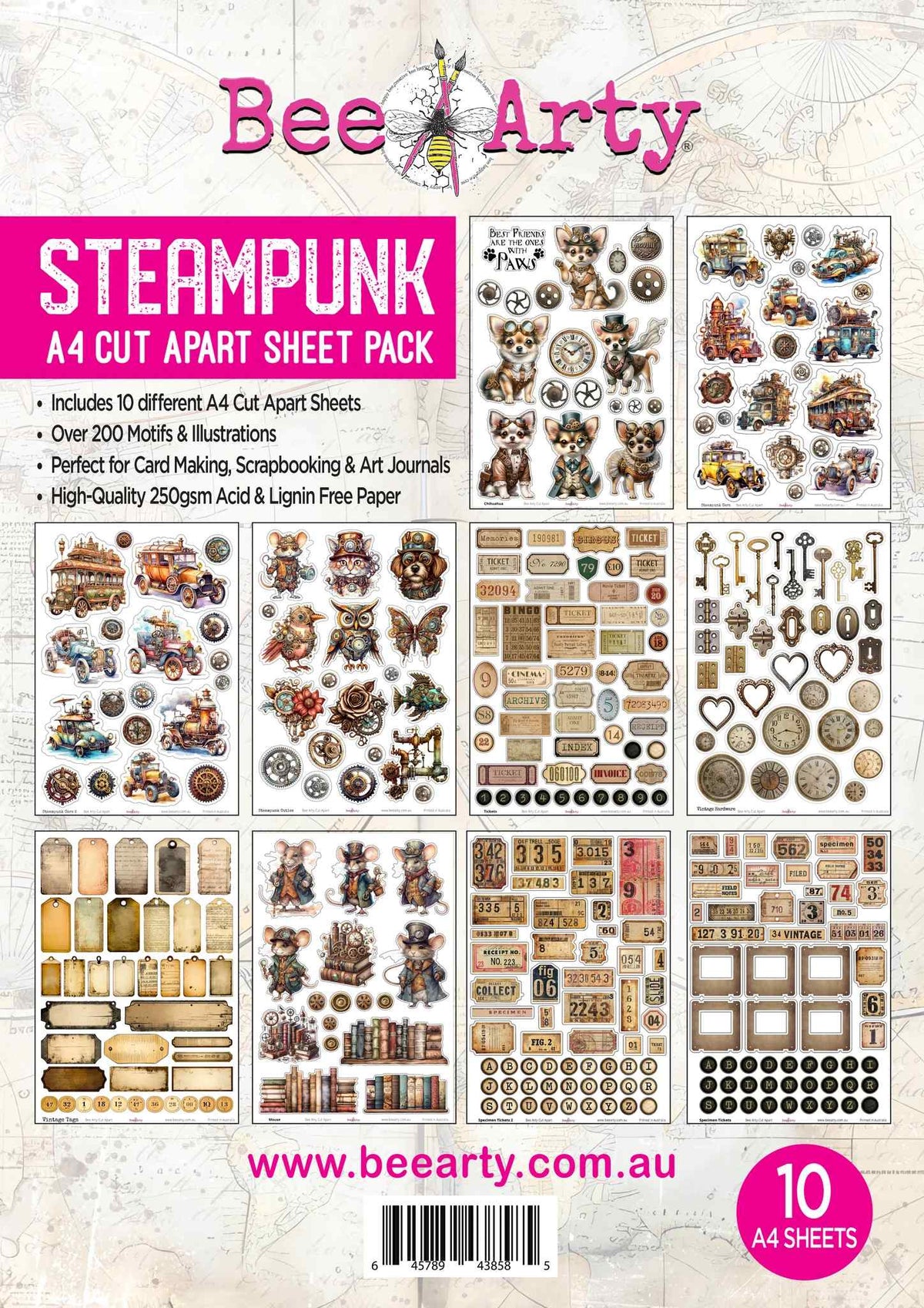 Bee Arty Steampunk A4 cut-apart bundle cover showing 10 sheets and over 200 vintage mechanical motifs