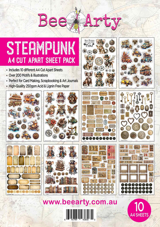 Bee Arty Steampunk A4 cut-apart bundle cover showing 10 sheets and over 200 vintage mechanical motifs