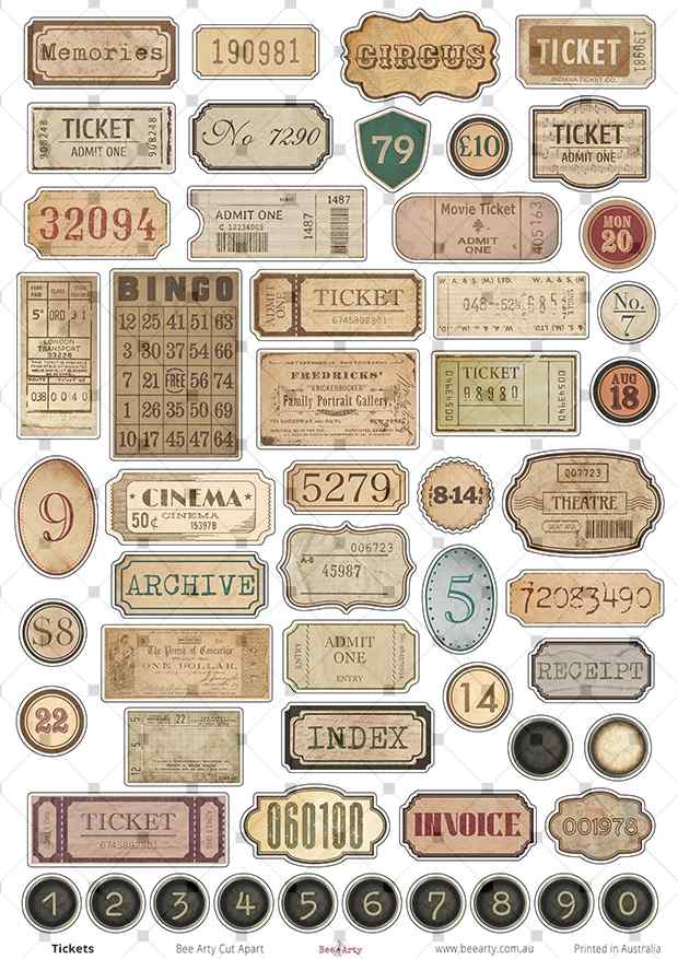 Vintage Tickets cut-apart sheet with numbered tickets, labels, receipts, bingo card and typewriter keys