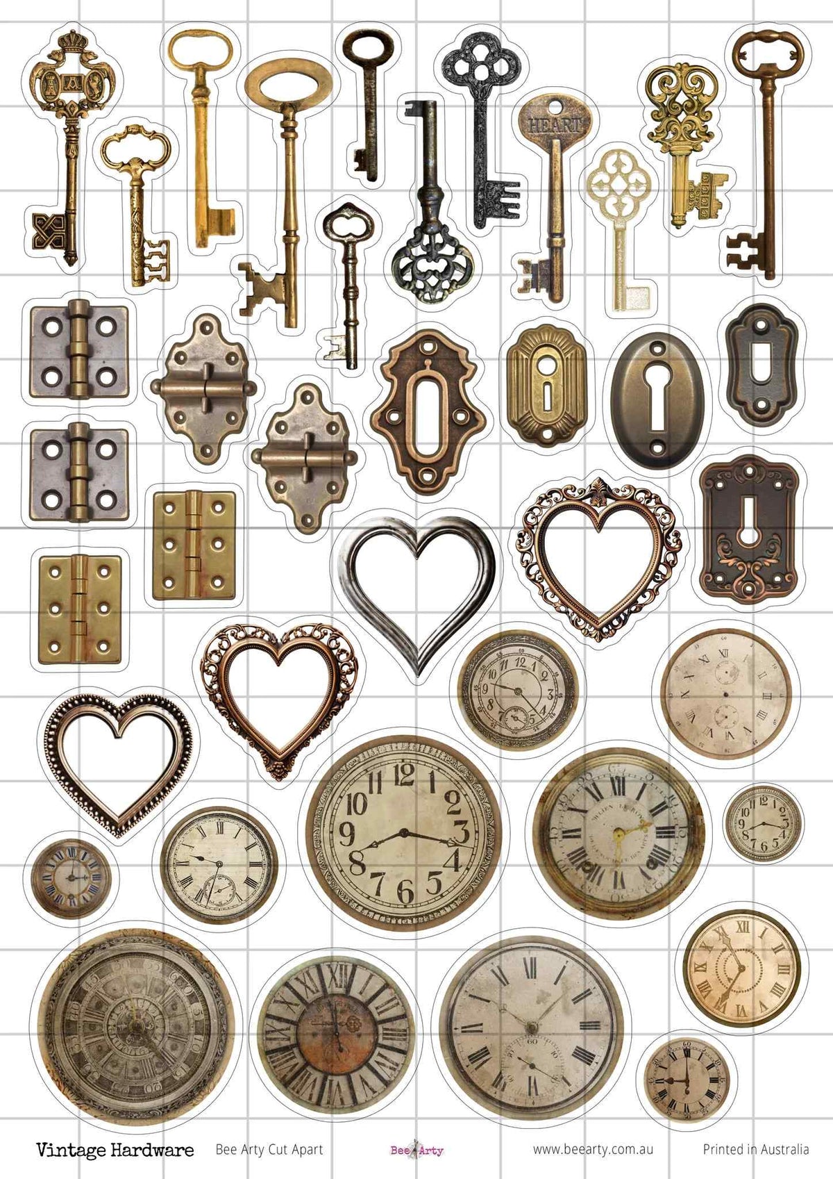 Vintage Hardware cut-apart sheet with ornate keys, hinges, keyholes, heart frames and antique clocks