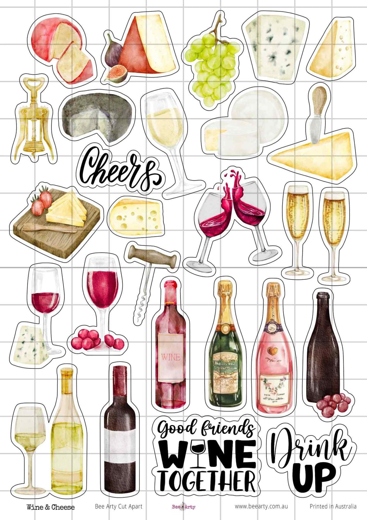 Bee Arty Wine & Cheese A4 cut-apart sheet with bottles, glasses, cheeses, grapes and cheerful sentiments