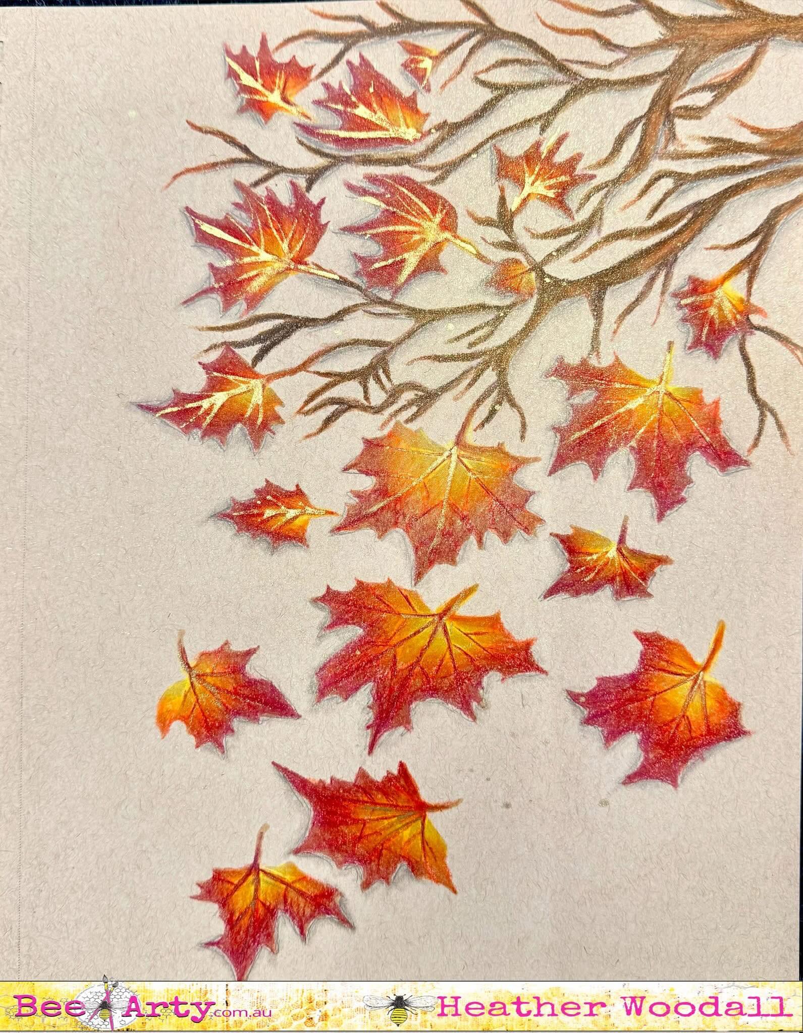 Sample artwork using the Bee Arty Maple A4 stencil, showing warm autumn reds, oranges, and golds blended through the maple branch and falling leaves design — artwork by Heather Woodall