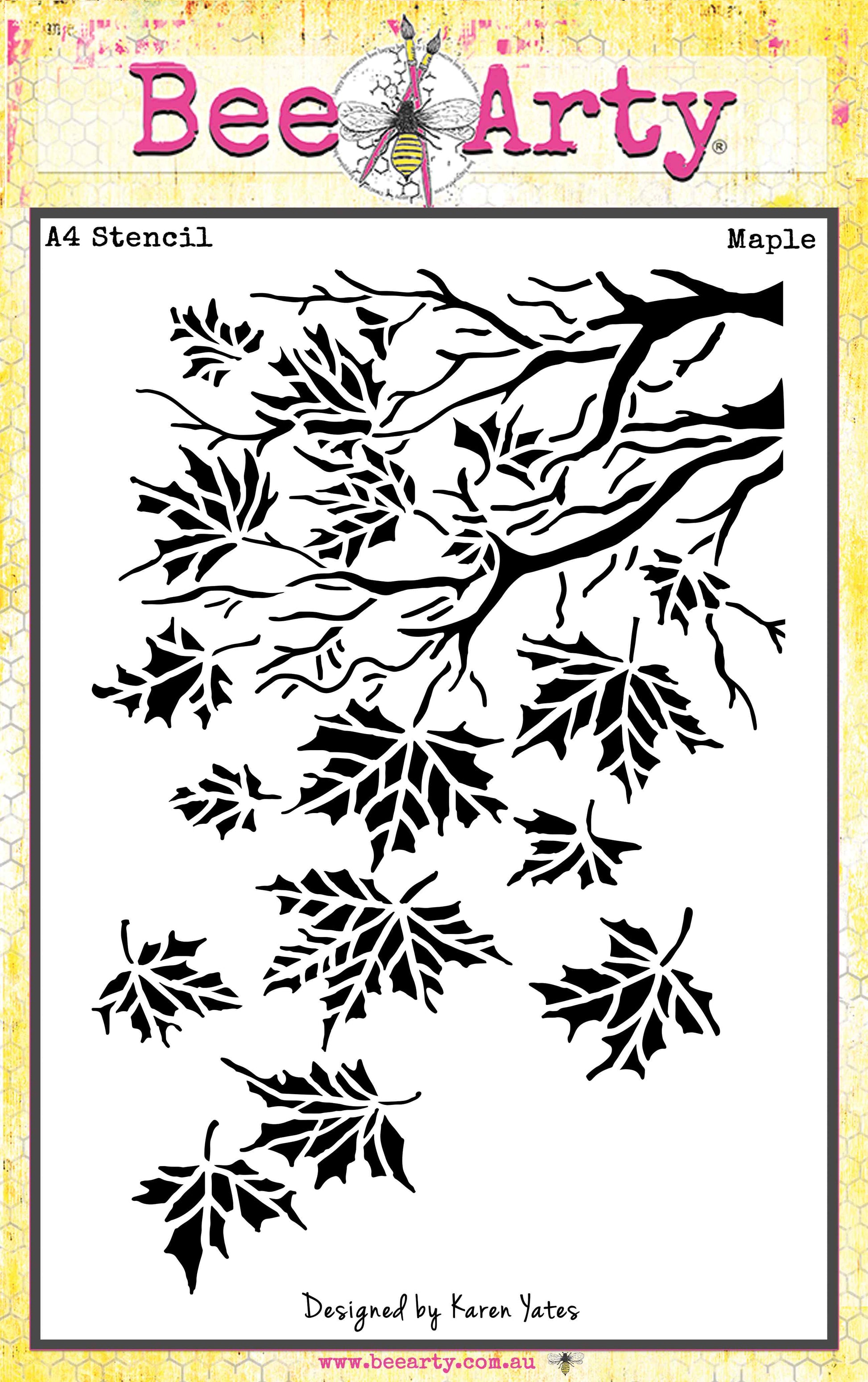 Bee Arty Maple A4 stencil featuring a sweeping maple branch with falling leaves in multiple sizes, from the Autumn Whispers collection by Karen Yates