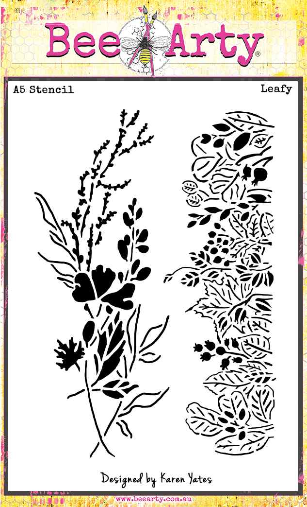 Bee Arty Leafy A5 stencil featuring two botanical designs — a wildflower and leaf spray and a dense leaf and berry border — from the Autumn Whispers collection by Karen Yates