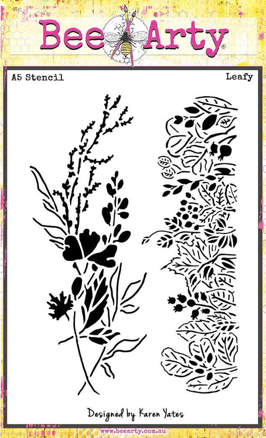 Bee Arty Leafy A5 stencil featuring two botanical designs — a wildflower and leaf spray and a dense leaf and berry border — from the Autumn Whispers collection by Karen Yates