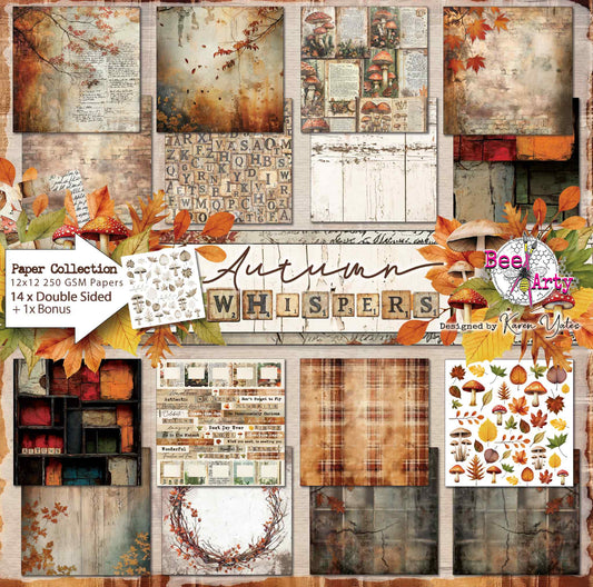 Bee Arty Autumn Whispers 12x12 paper collection showing all 14 double-sided sheets across 8 coordinated designs including field notes, mushroom collage, tartan plaid, printer's tray, and botanical cut-apart papers, plus exclusive bonus sheet, designed by Karen Yates