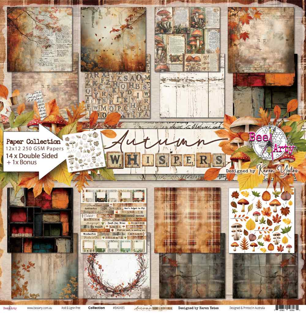 Front of the Bee Arty Autumn Whispers collection cover page displaying all 14 papers in a decorative grid with the Autumn Whispers title, Bee Arty branding, and autumn botanical embellishments, designed by Karen Yates