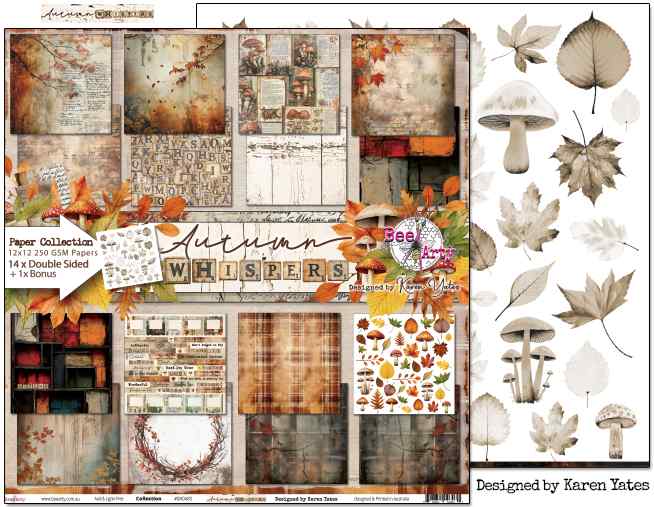 Bee Arty Autumn Whispers paper collection cover page showing all 14 double-sided 12x12 papers in a grid layout with autumn leaves and mushroom decorations, alongside a portion of the bonus botanical reverse sheet, designed by Karen Yates