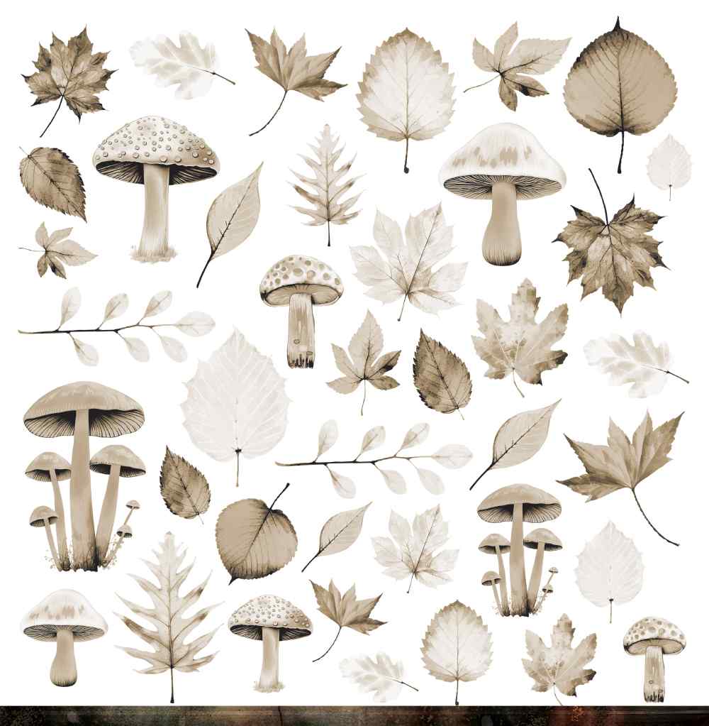 Bonus reverse side of the Bee Arty Autumn Whispers cover page featuring watercolour-style botanical illustrations of mushrooms and autumn leaves in soft sepia and taupe tones on a white background, designed by Karen Yates