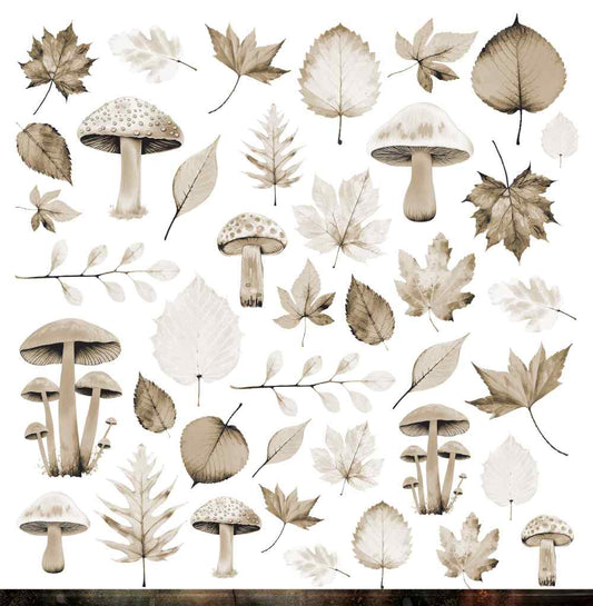 Bonus reverse side of the Bee Arty Autumn Whispers cover page featuring watercolour-style botanical illustrations of mushrooms and autumn leaves in soft sepia and taupe tones on a white background, designed by Karen Yates