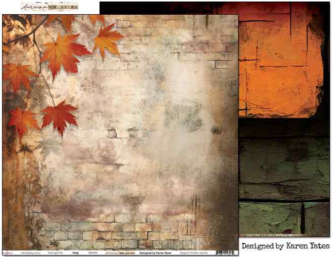 Bee Arty Cozy 12x12 double-sided paper showing the atmospheric aged brick wall front with autumn maple branches alongside a portion of the bold printer's tray reverse, from the Autumn Whispers collection by Karen Yates