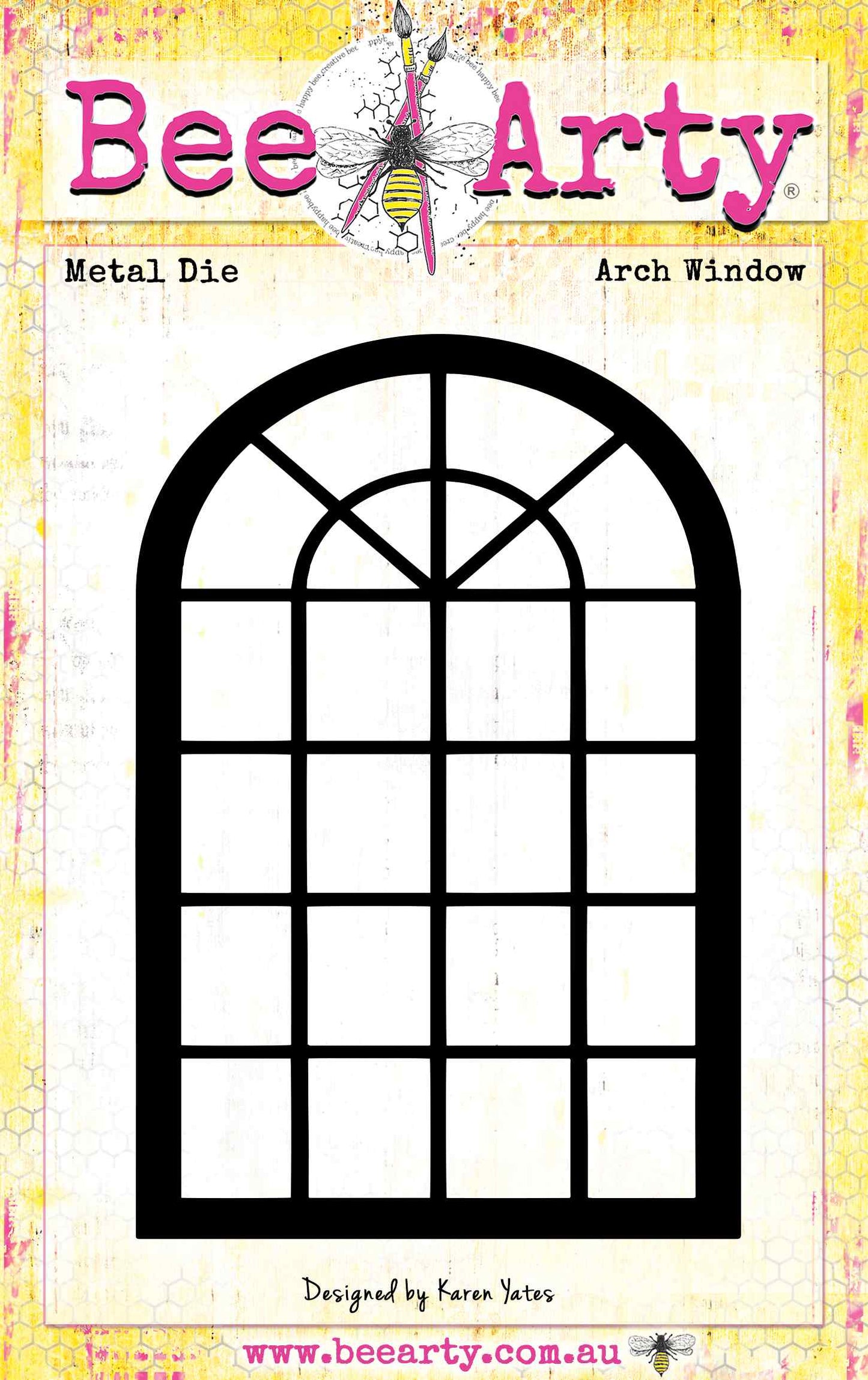 Bee Arty Arch Window metal die featuring a detailed multi-pane arched window design, from the Autumn Whispers collection by Karen Yates — perfect for shaker cards and layered projects