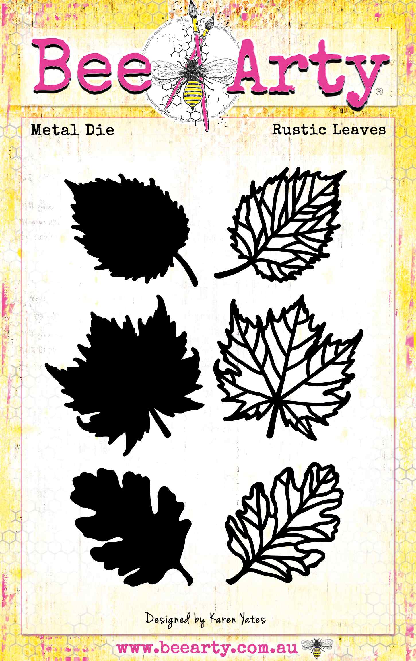 Bee Arty Rustic Leaves metal die set featuring 3 leaf shapes each with a solid silhouette and outline/veins die for layering, from the Autumn Whispers collection by Karen Yates