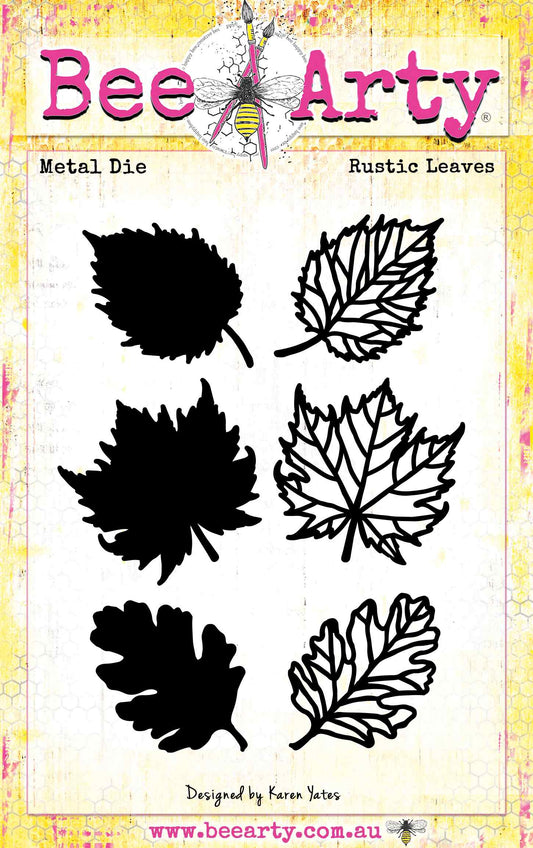 Bee Arty Rustic Leaves metal die set featuring 3 leaf shapes each with a solid silhouette and outline/veins die for layering, from the Autumn Whispers collection by Karen Yates