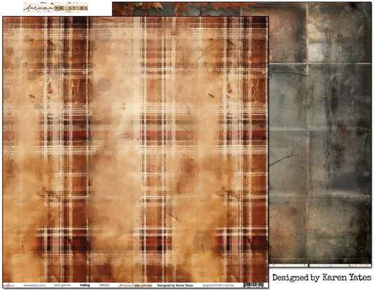 Bee Arty Falling 12x12 double-sided paper showing the distressed tartan plaid front alongside a portion of the complementary vintage printer's tray reverse, from the Autumn Whispers collection by Karen Yates
