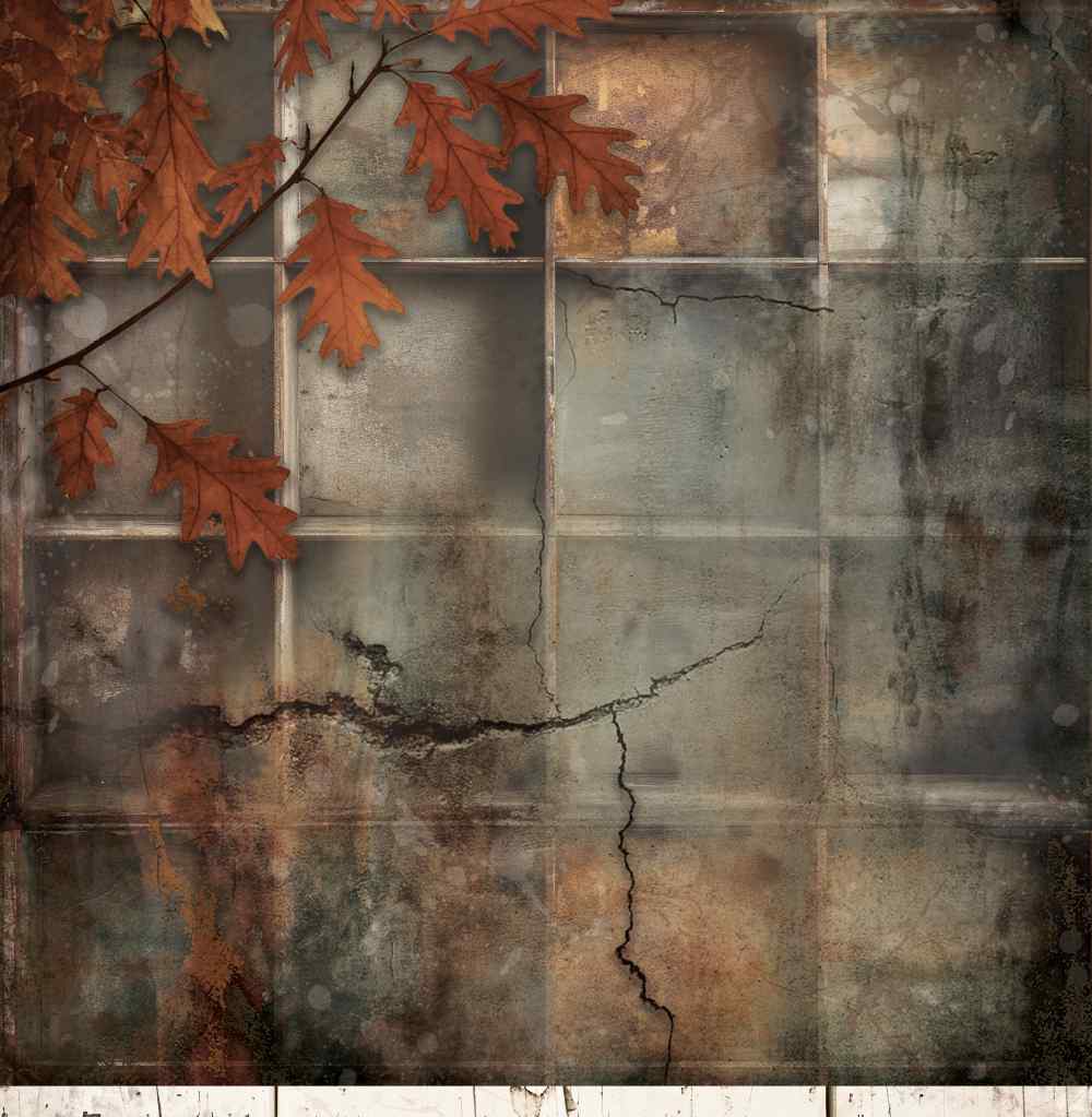 Reverse side of Bee Arty Falling 12x12 paper featuring a moody vintage printer's tray with trailing autumn oak leaves, designed to pair with Fascile for a double-page layout, from the Autumn Whispers collection by Karen Yates