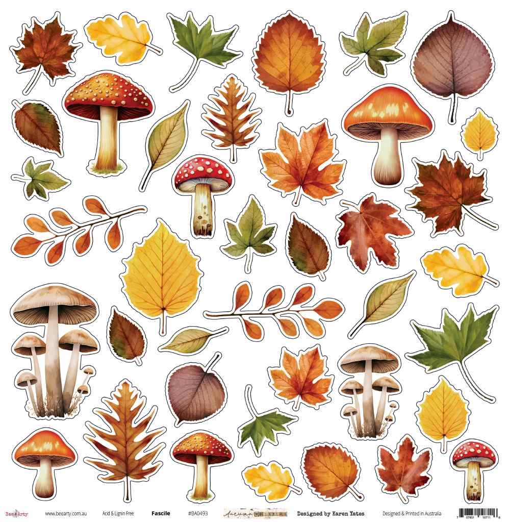 Front side of Bee Arty Fascile 12x12 paper featuring cut-apart autumn botanicals including mushrooms, maple leaves, oak leaves, and berry sprigs in warm reds, oranges, and golds, from the Autumn Whispers collection by Karen Yates