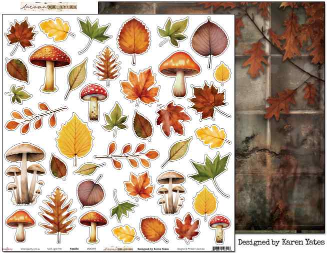 Bee Arty Fascile 12x12 double-sided paper showing the cut-apart front with autumn mushrooms and leaves alongside a portion of the vintage printer's tray reverse, from the Autumn Whispers collection by Karen Yates