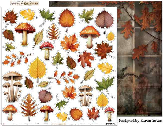 Bee Arty Fascile 12x12 double-sided paper showing the cut-apart front with autumn mushrooms and leaves alongside a portion of the vintage printer's tray reverse, from the Autumn Whispers collection by Karen Yates