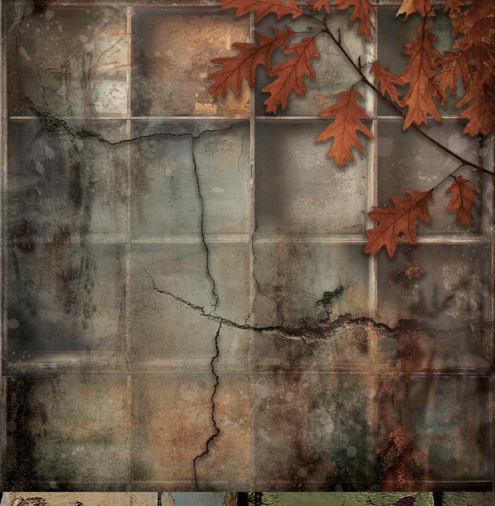 Reverse side of Bee Arty Fascile 12x12 paper featuring a moody vintage printer's tray with trailing autumn oak leaves, from the Autumn Whispers collection by Karen Yates