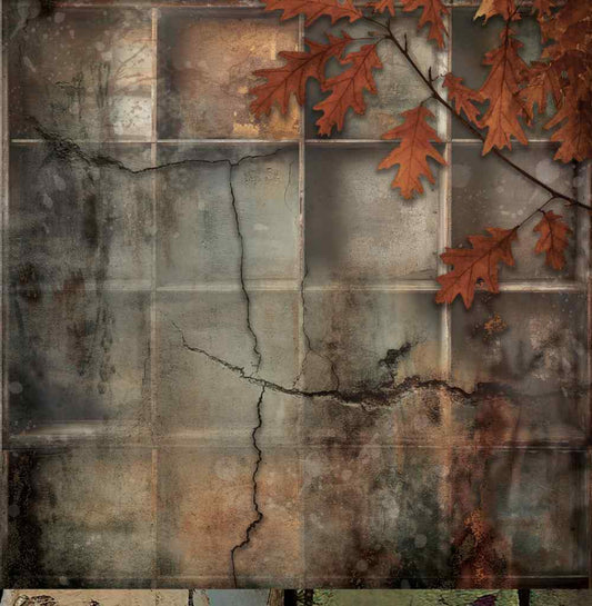 Reverse side of Bee Arty Fascile 12x12 paper featuring a moody vintage printer's tray with trailing autumn oak leaves, from the Autumn Whispers collection by Karen Yates