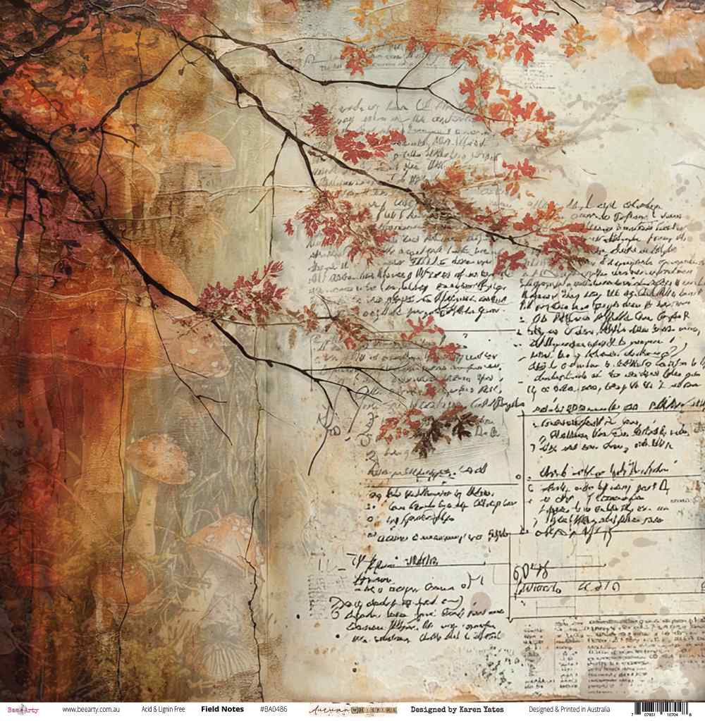 Front side of Bee Arty Field Notes 12x12 paper featuring a painterly autumn forest scene with mushrooms and bare branches blending seamlessly into handwritten botanical field notes on aged parchment, from the Autumn Whispers collection by Karen Yates