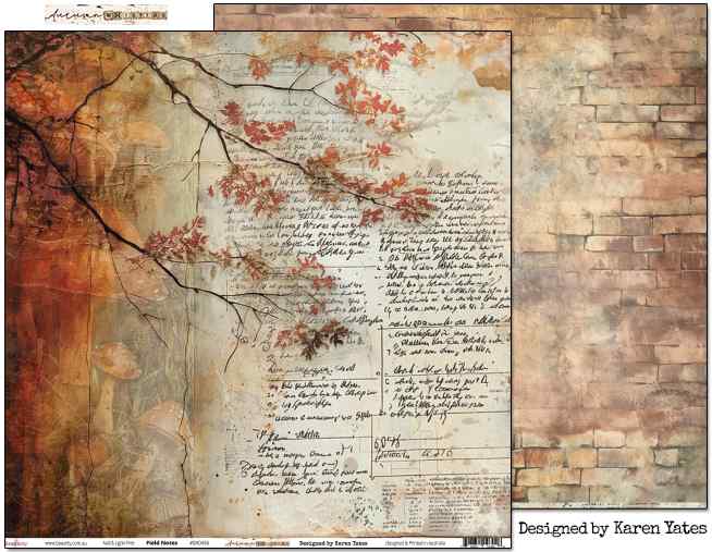 Bee Arty Field Notes 12x12 double-sided paper showing the layered mixed media front with autumn forest scene blending into handwritten field notes alongside a portion of the aged brick wall reverse, from the Autumn Whispers collection by Karen Yates