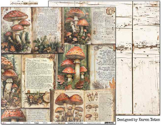 Bee Arty Fungus 12x12 double-sided paper showing the vintage field notebook mushroom collage front alongside a portion of the distressed white timber plank reverse, from the Autumn Whispers collection by Karen Yates