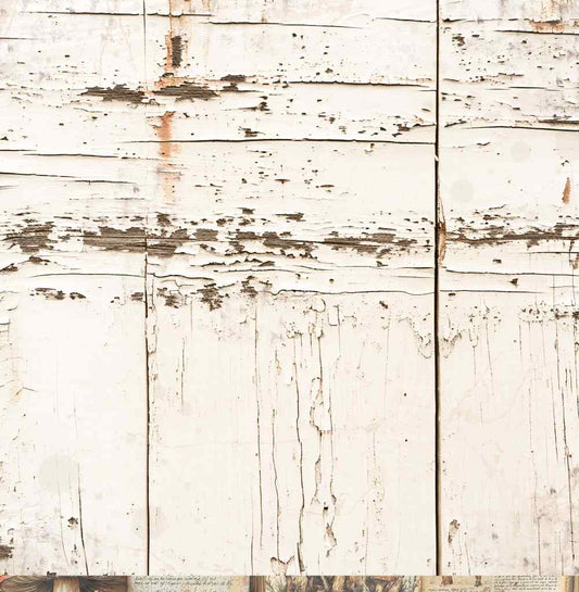 Reverse side of Bee Arty Fungus 12x12 paper featuring a distressed white-painted timber plank background with peeling paint and rustic texture, from the Autumn Whispers collection by Karen Yates