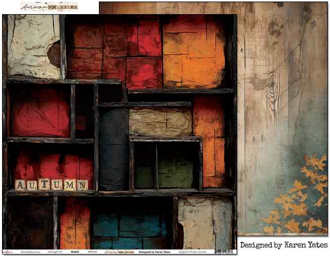 Bee Arty Rustic 12x12 double-sided paper showing the bold vintage printer's tray front with distressed colour blocks alongside a portion of the weathered timber plank reverse, from the Autumn Whispers collection by Karen Yates