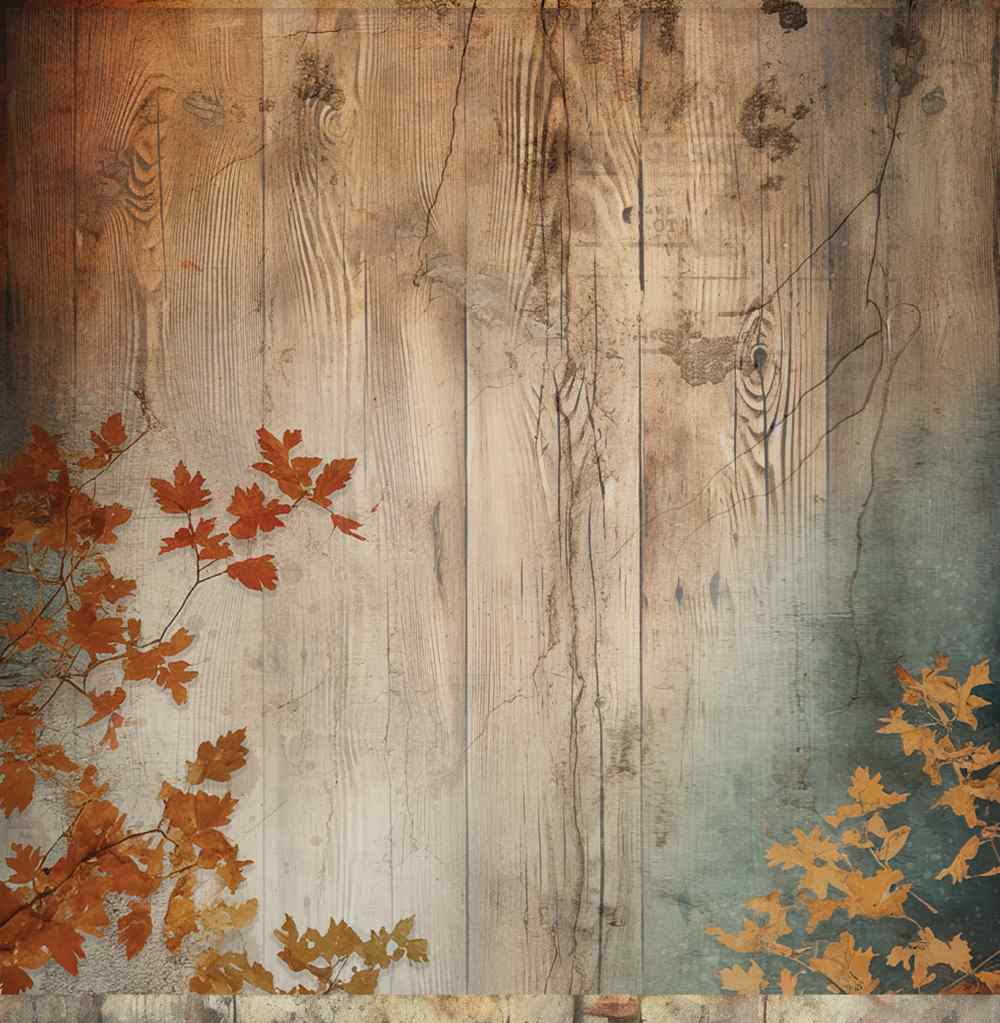 Reverse side of Bee Arty Rustic 12x12 paper featuring a weathered timber plank background with autumn maple leaf branches trailing in from the corners in warm reds and golden yellows, from the Autumn Whispers collection by Karen Yates