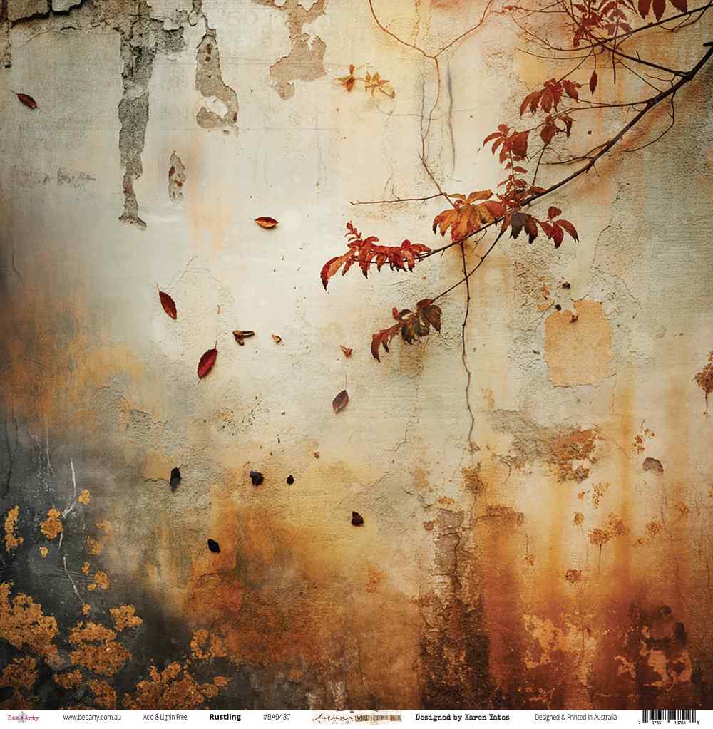 Front side of Bee Arty Rustling 12x12 paper featuring an atmospheric aged plaster wall with a trailing autumn branch in deep red, scattered falling leaves, and golden wildflowers in the lower corner, from the Autumn Whispers collection by Karen Yates