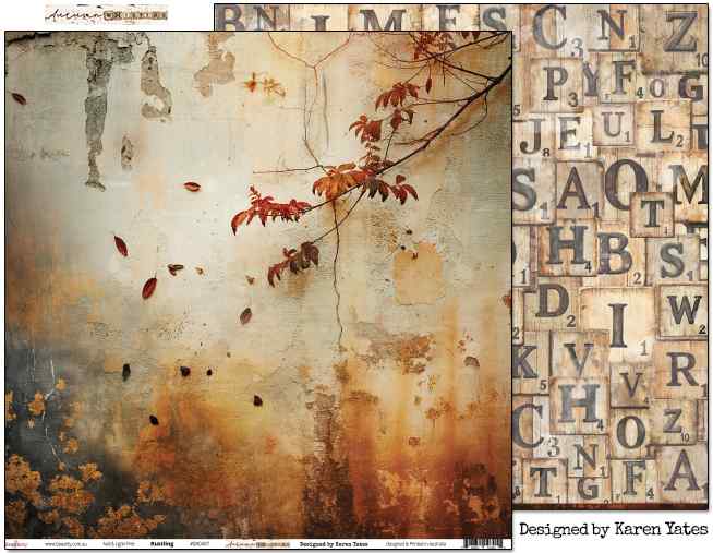 Bee Arty Rustling 12x12 double-sided paper showing the atmospheric aged plaster wall front with trailing autumn branch and falling leaves alongside a portion of the wooden letter tile reverse, from the Autumn Whispers collection by Karen Yates