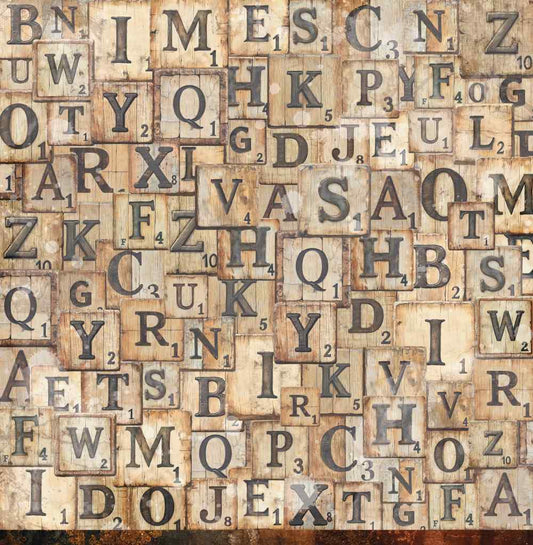 Reverse side of Bee Arty Rustling 12x12 paper featuring a bold all-over wooden scrabble-style letter tile collage in sandy cream and warm tan tones, from the Autumn Whispers collection by Karen Yates