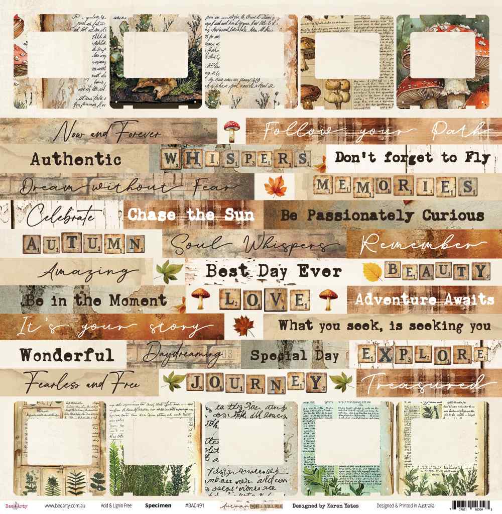 Front side of Bee Arty Specimen 12x12 paper featuring cut-apart botanical specimen cards and autumn sentiment strips including Journey, Explore, Memories, and Whispers, from the Autumn Whispers collection by Karen Yates