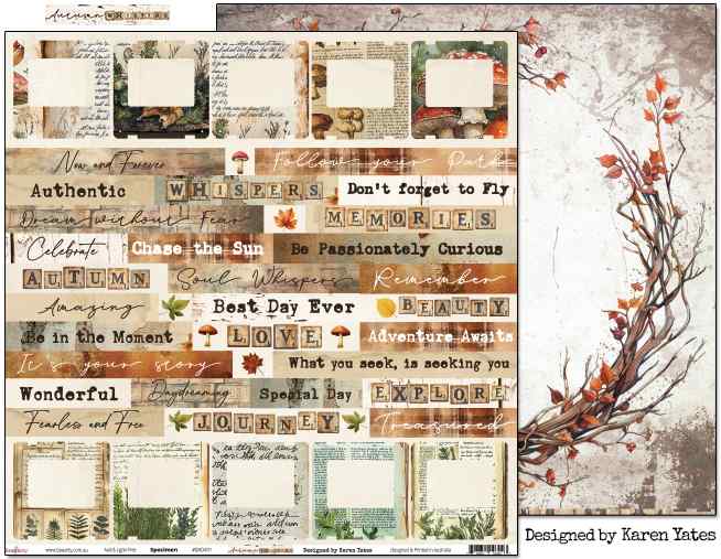 Bee Arty Specimen 12x12 double-sided paper showing the cut-apart front with botanical specimen cards and autumn sentiment strips alongside a portion of the twig wreath reverse, from the Autumn Whispers collection by Karen Yates