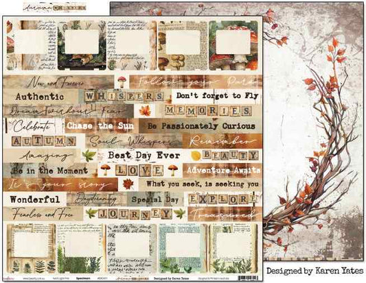 Bee Arty Specimen 12x12 double-sided paper showing the cut-apart front with botanical specimen cards and autumn sentiment strips alongside a portion of the twig wreath reverse, from the Autumn Whispers collection by Karen Yates