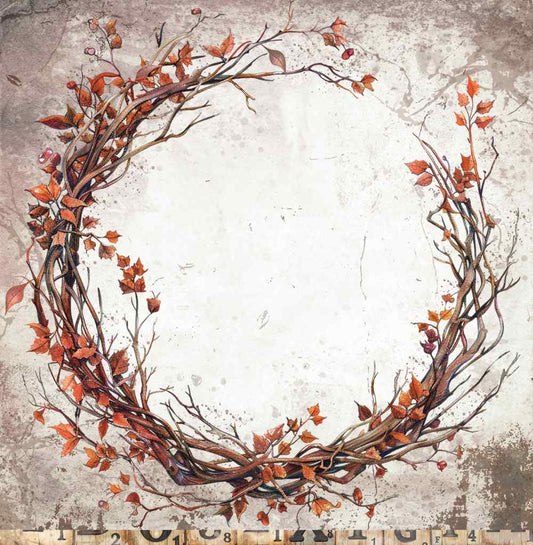Reverse side of Bee Arty Specimen 12x12 paper featuring a detailed autumn twig wreath with red leaves on a soft aged concrete background, from the Autumn Whispers collection by Karen Yates