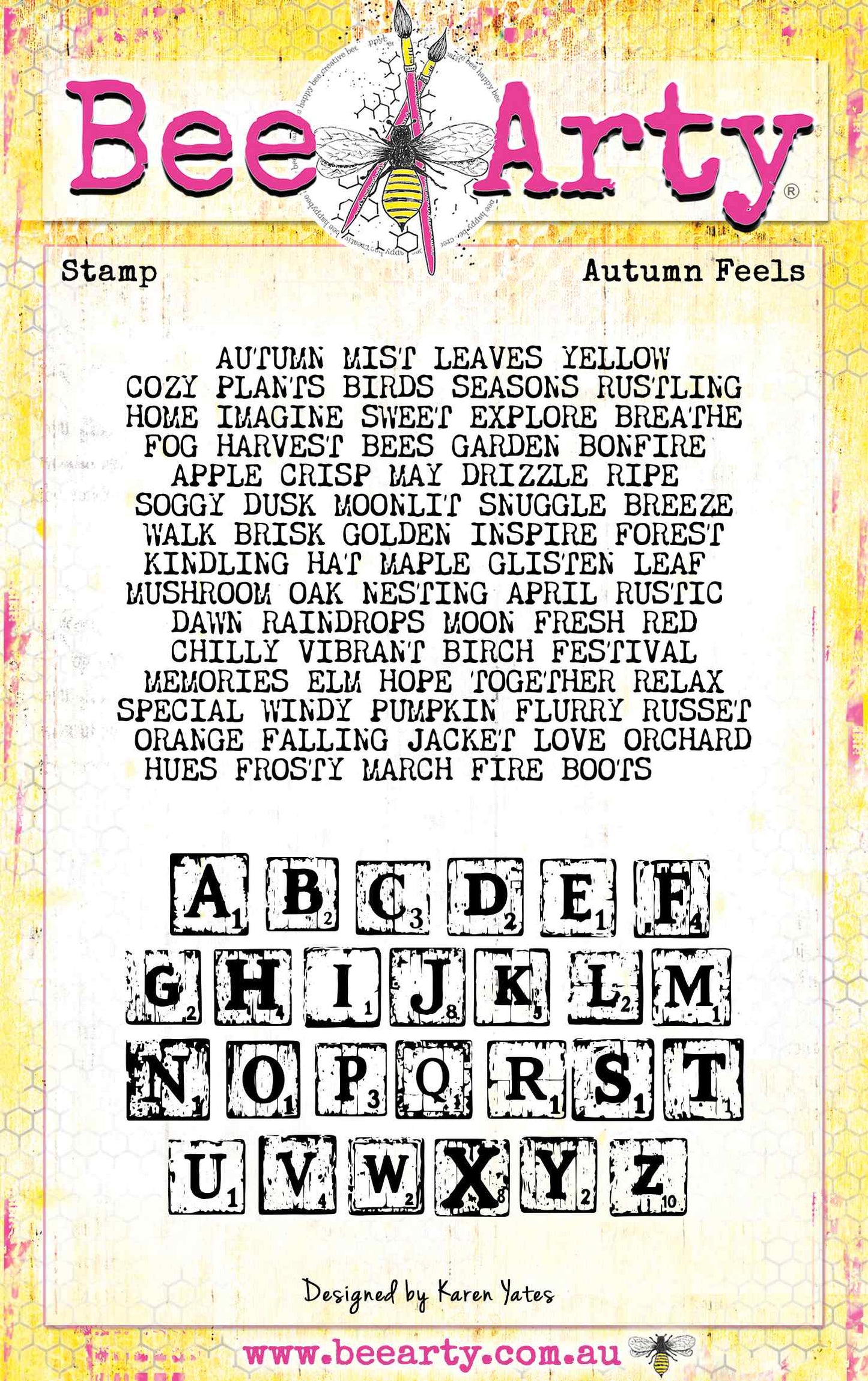 Bee Arty Autumn Feels clear stamp set featuring an autumn word cloud with 80+ seasonal words and a full distressed tile A–Z alphabet stamp, from the Autumn Whispers collection by Karen Yates