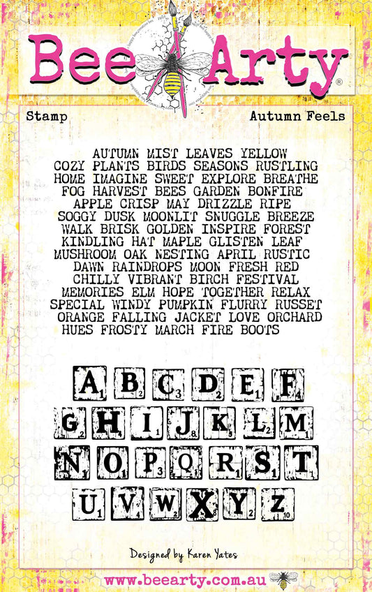 Bee Arty Autumn Feels clear stamp set featuring an autumn word cloud with 80+ seasonal words and a full distressed tile A–Z alphabet stamp, from the Autumn Whispers collection by Karen Yates