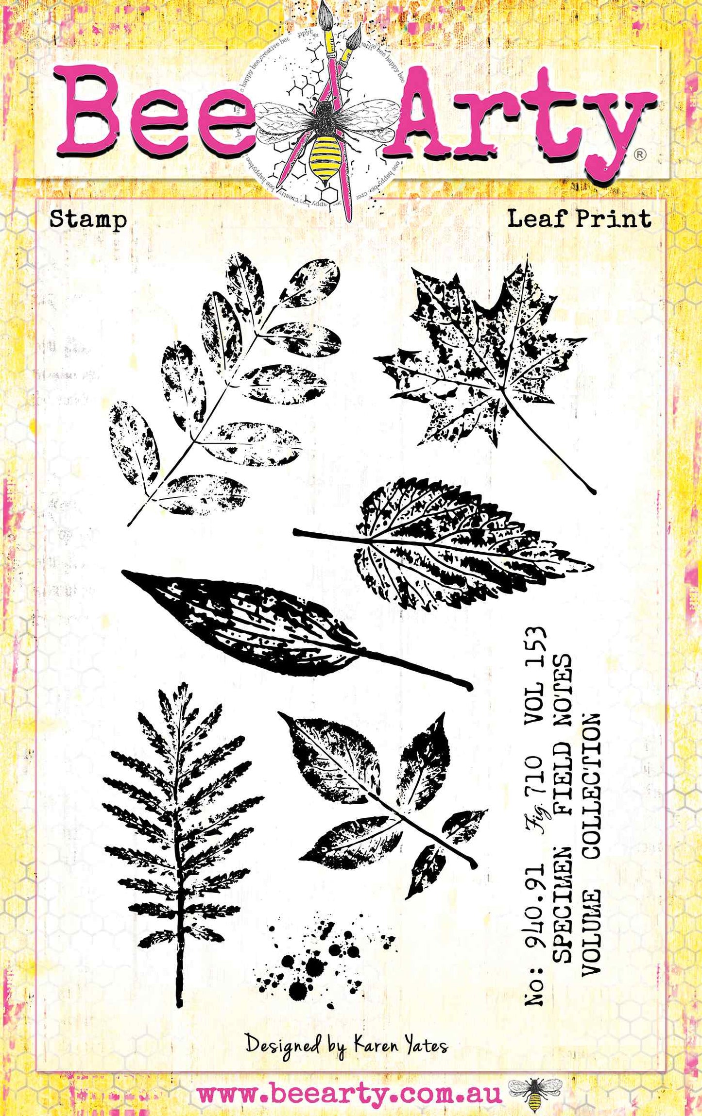 Bee Arty Leaf Print clear stamp set featuring eight botanical leaf designs including maple, fern, and compound leaves, from the Autumn Whispers collection by Karen Yates