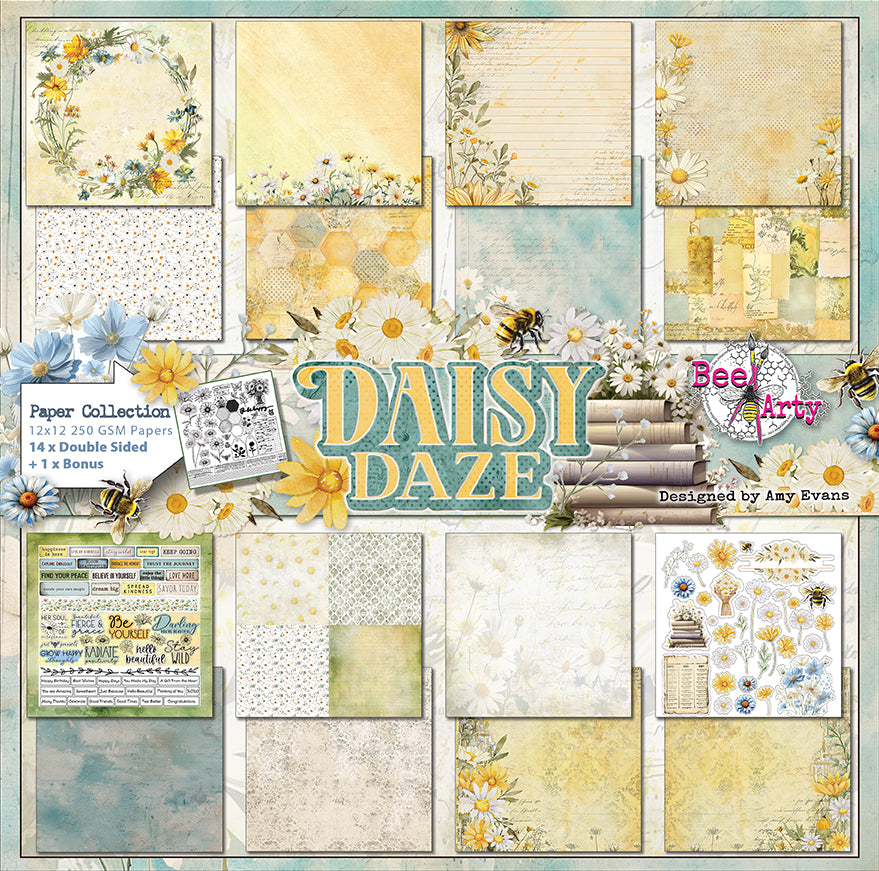 Bee Arty Daisy Daze 12x12 Paper Collection Pack showing all 15 sheets including 14 double-sided designer papers and the exclusive Cut & Colour bonus sheet, designed by Amy Evans and printed in Australia on 250gsm cardstock