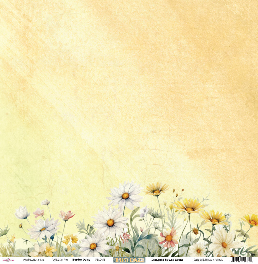 Front side of Bee Arty Border Daisy 12x12 paper showing a warm golden watercolour background with a lush meadow border of white daisies, yellow daisies, cosmos blooms, chamomile, and wildflower stems along the bottom edge