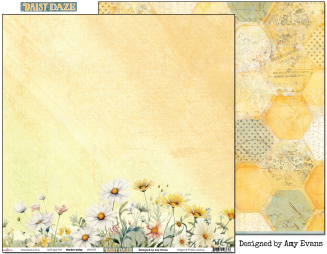 Bee Arty Daisy Daze Border Daisy double-sided 12x12 scrapbook paper showing the warm golden wildflower meadow front and the vintage hexagon patchwork collage reverse, from the Daisy Daze collection by Amy Evans