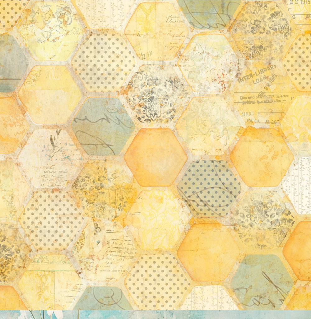 Reverse side of Bee Arty Border Daisy 12x12 paper showing an all-over hexagon patchwork collage with individual hexagons filled with polka dots, damask motifs, vintage handwriting, library stamps, and watercolour washes in warm yellow, peach, sage, and grey tones