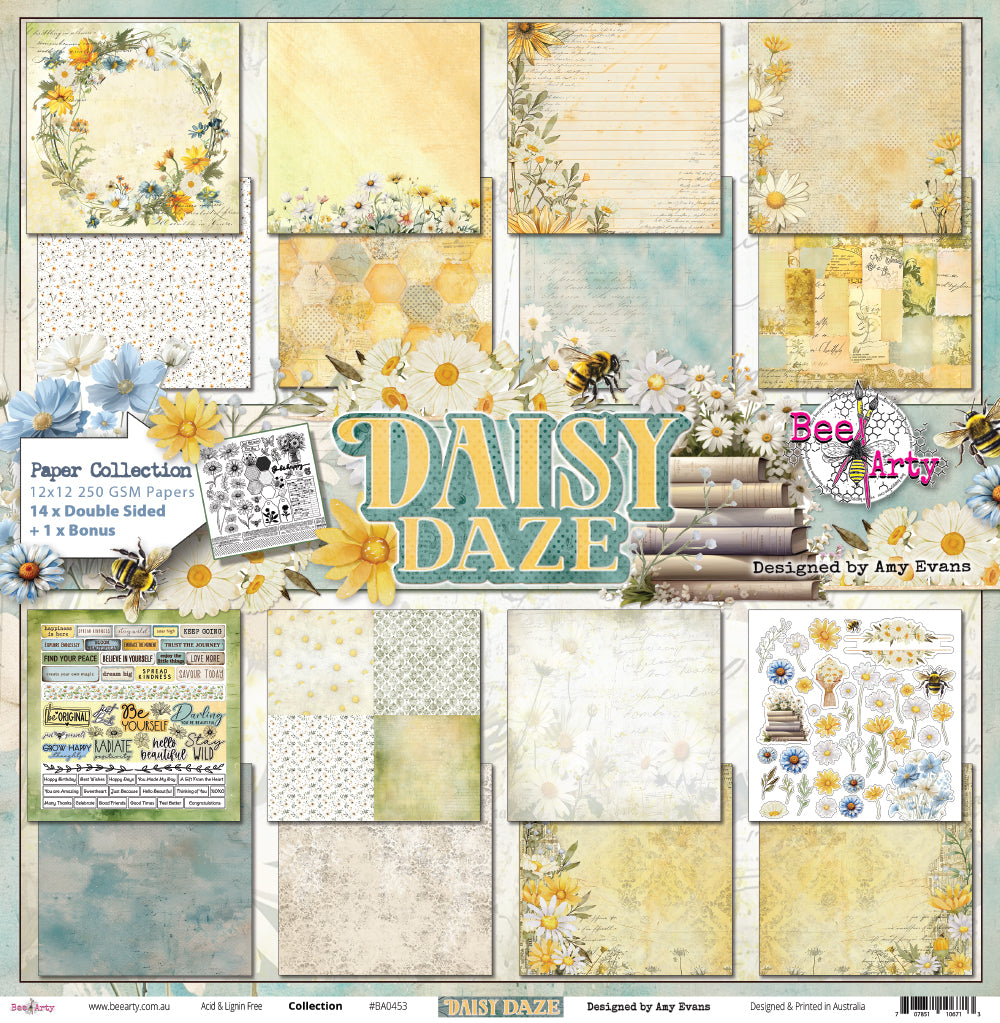 Front side of Bee Arty Daisy Daze Collection Cover 12x12 paper showing the collection cover design with a preview of all papers in the Daisy Daze range by Amy Evans