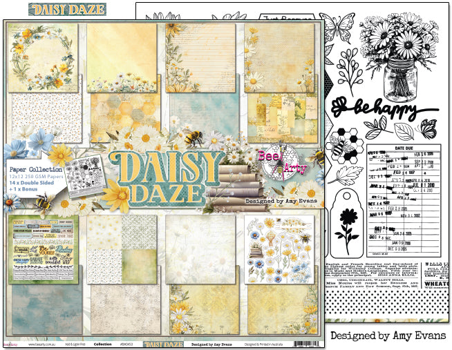 Bee Arty Daisy Daze Collection Cover 12x12 paper showing both the collection cover front and the detailed Cut & Colour line-art reverse, from the Daisy Daze collection by Amy Evans